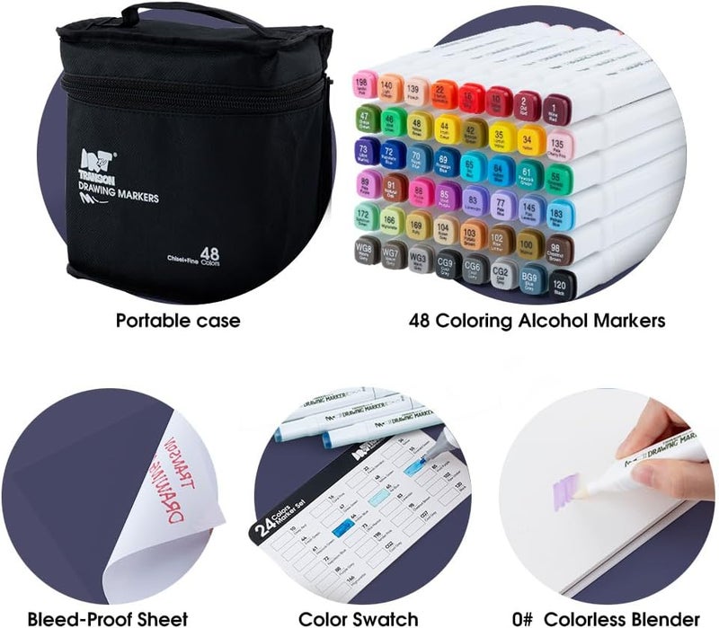 TRANSON Alcohol Markers for Drawing Coloring 48 Colors Dual-tip Fine and Chisel Tips - Image 4